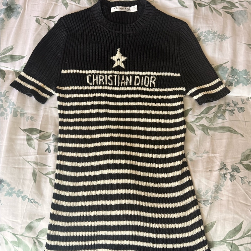 SOLD      Christian Dior Black and White Striped Knit Dress